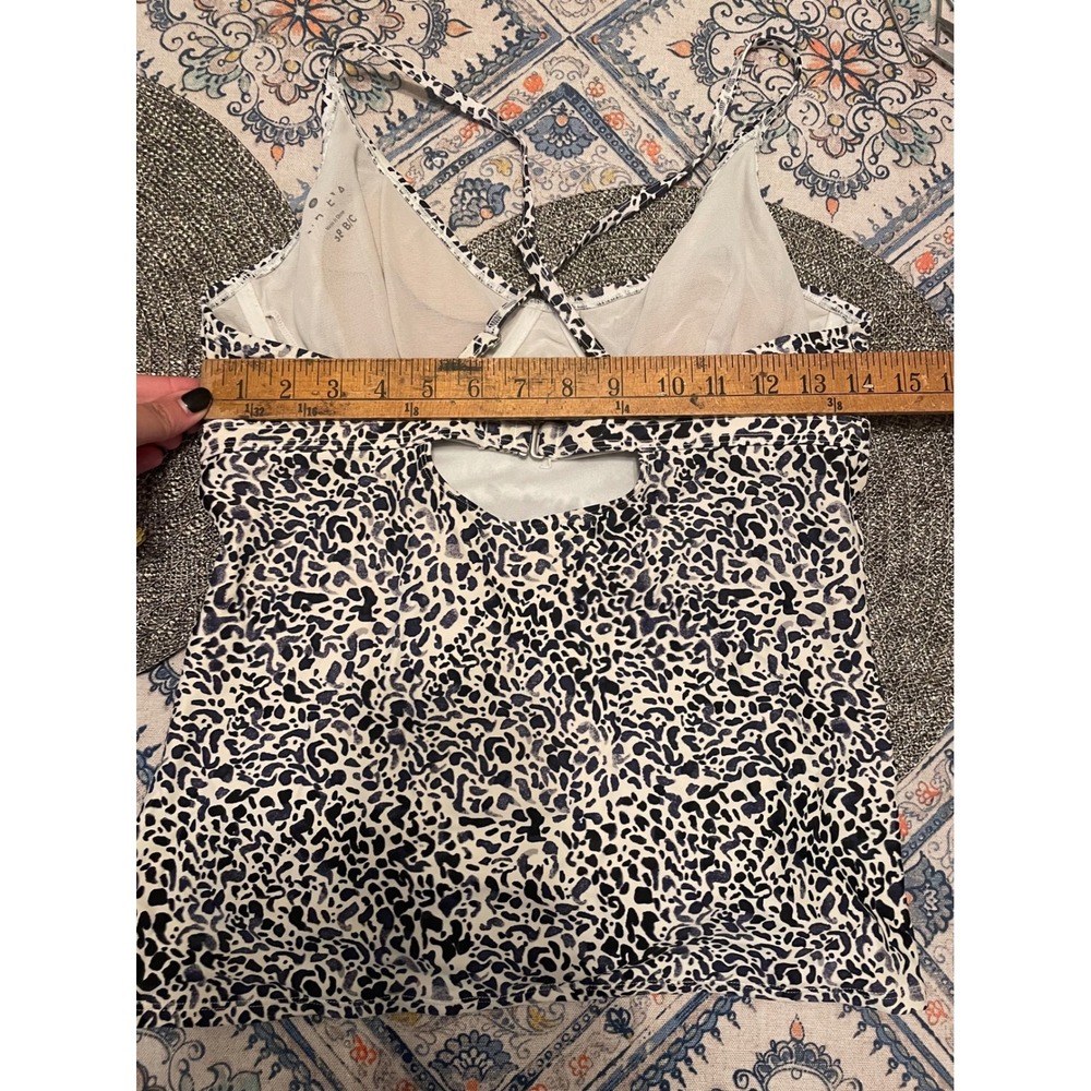 Athleta Leopard Print Tankini Swim Top Blue White Ruched Shelf Bra 38 B/C - Picture 4 of 4
